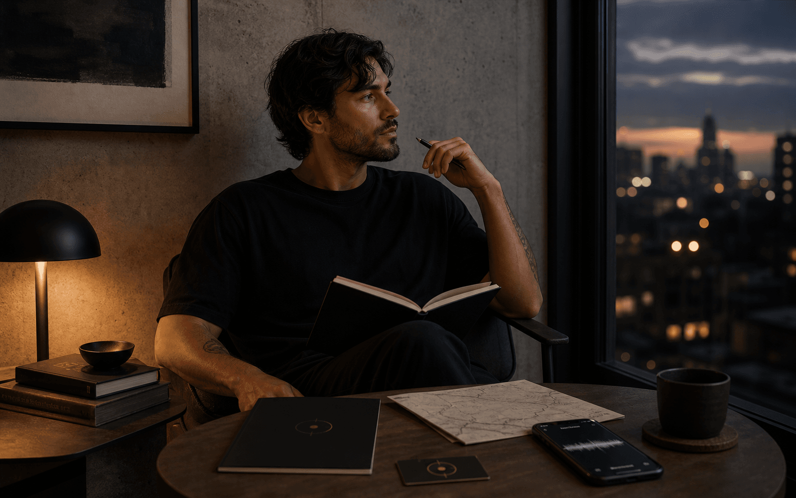 A modern reader with Odyssey Companion materials in a city apartment at dusk