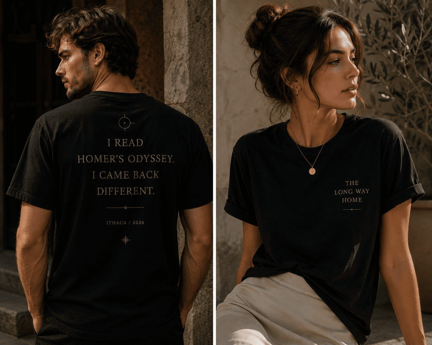 The Ithaca Shirt mockup with The Long Way Home on the front and I read Homer's Odyssey. I came back different. on the back