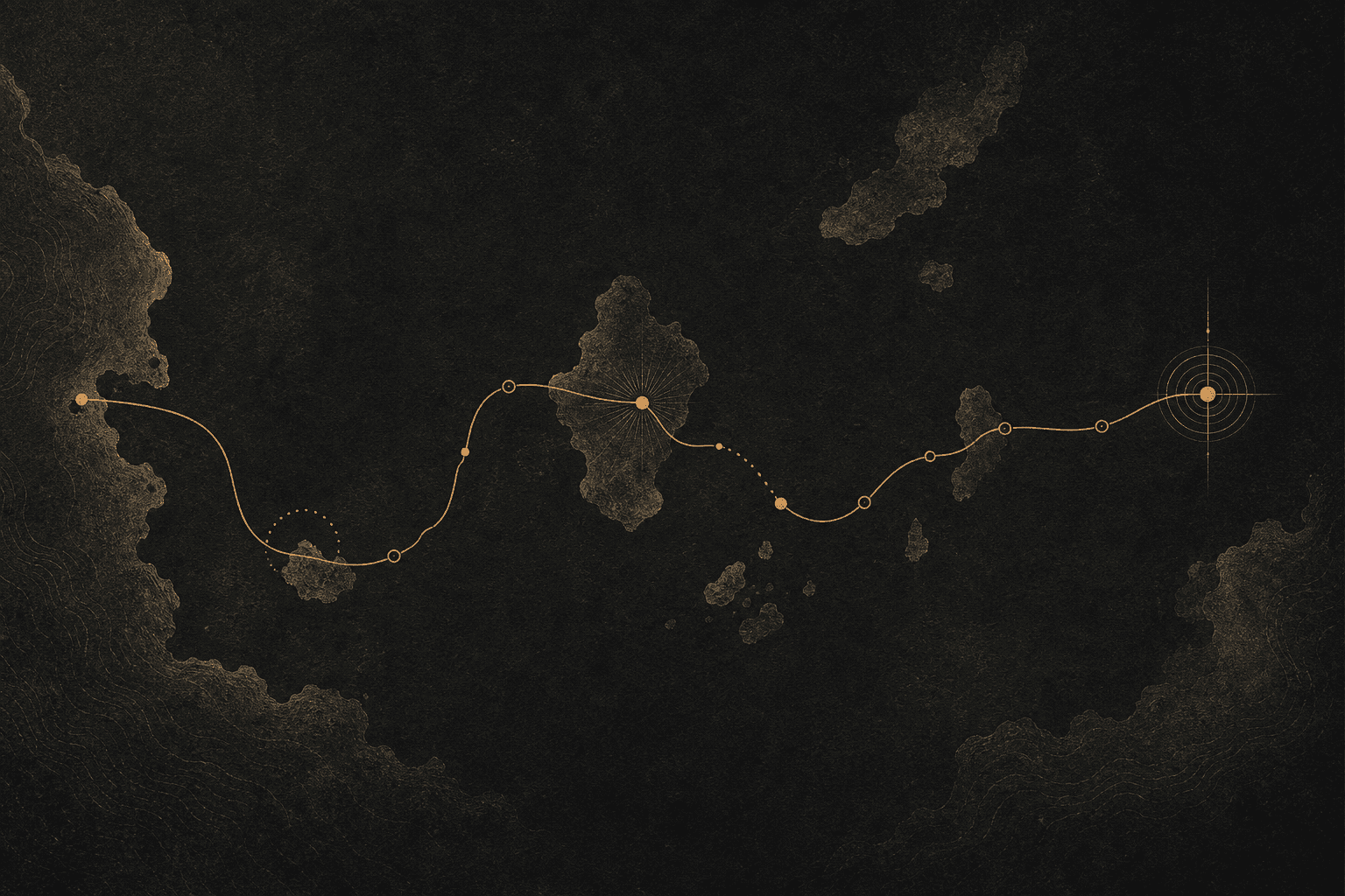 A muted bronze route line crossing dark abstract islands