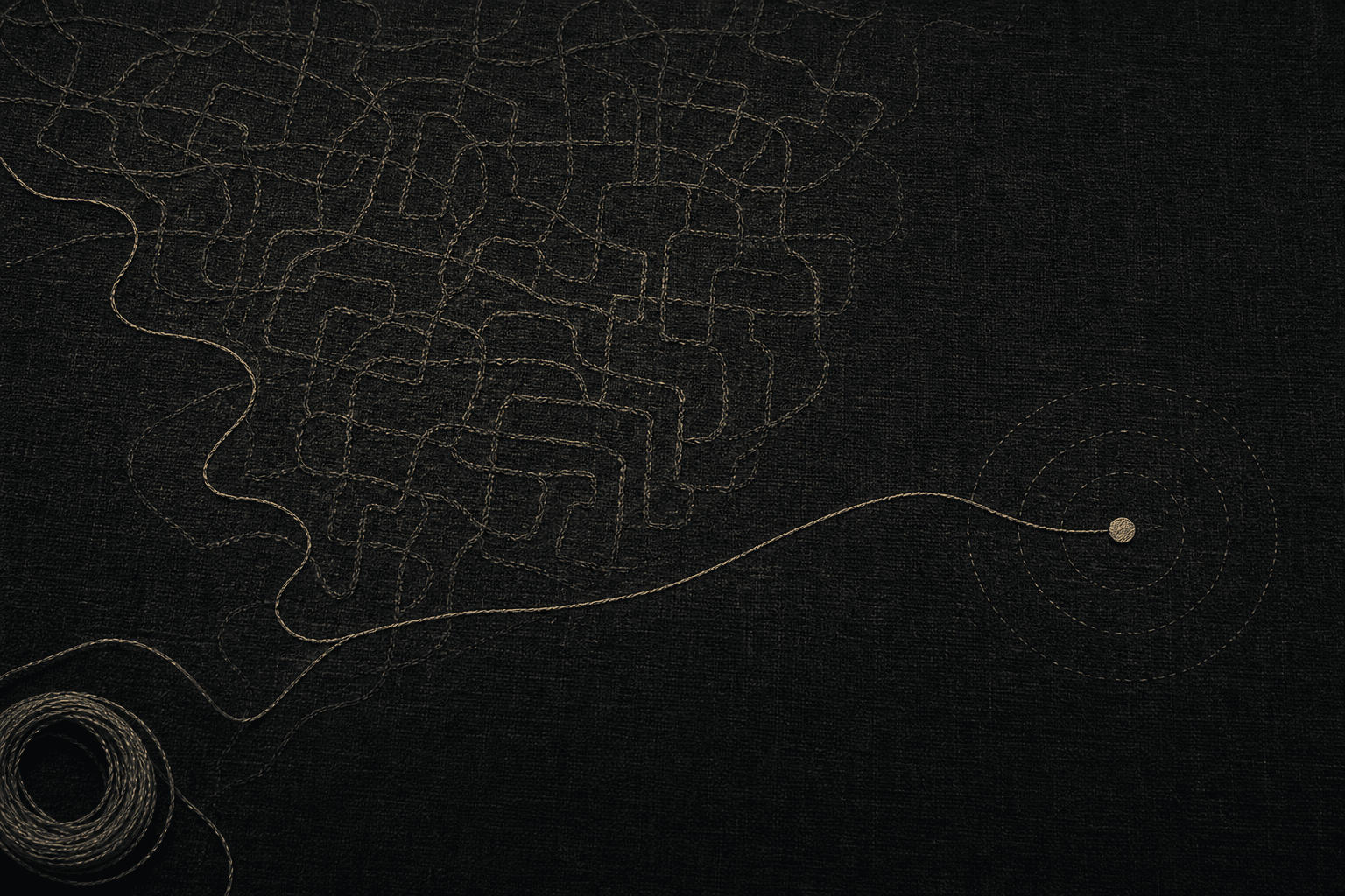 A bronze thread forming a quiet labyrinth on dark textile